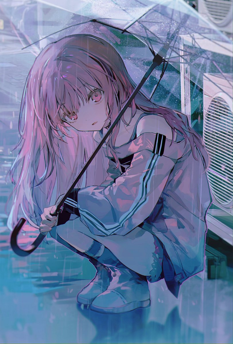 1girl umbrella solo long hair rain holding squatting  illustration images