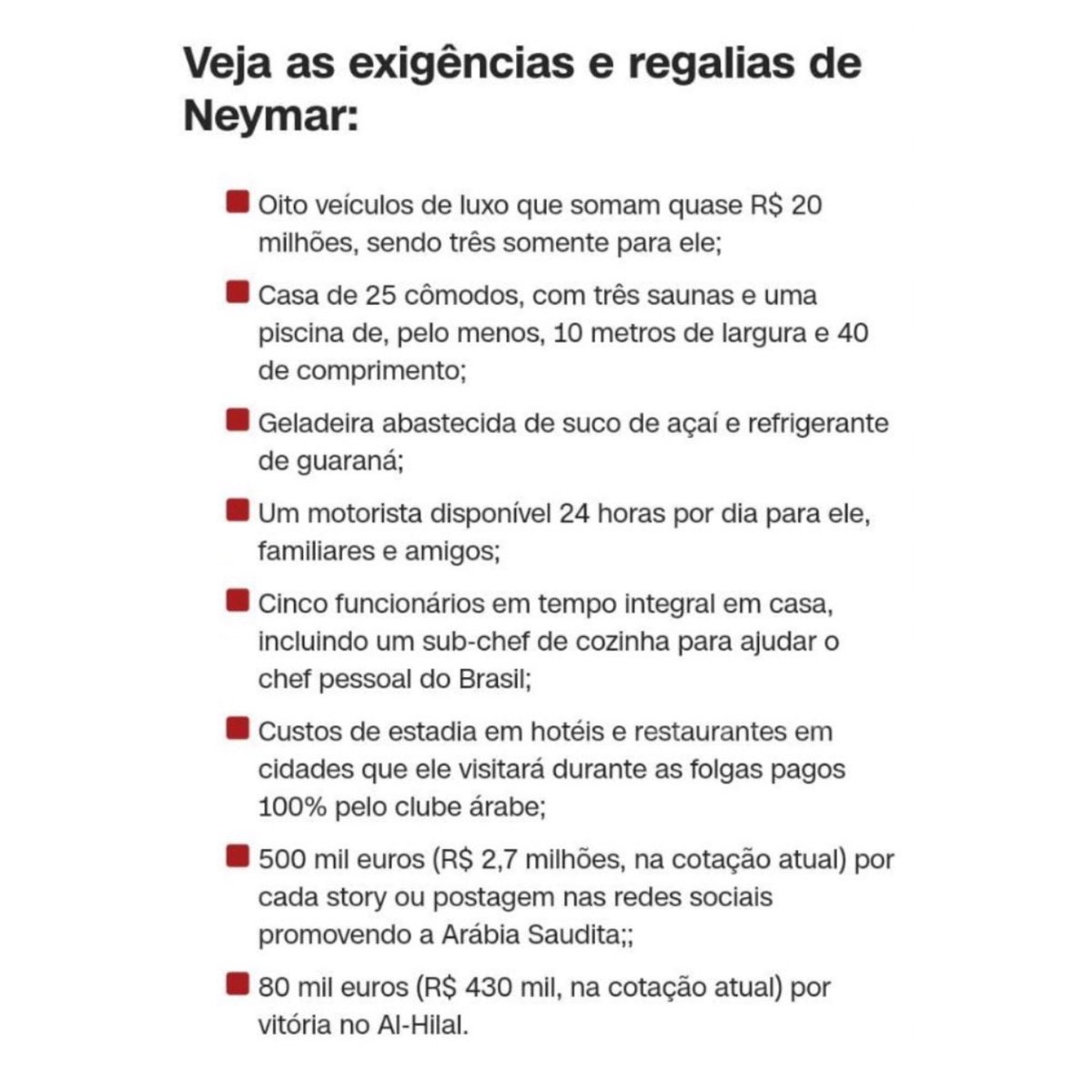🚨VEJA: Lista de exigências feita pelo Neymar para morar na Arábia Saudita.
