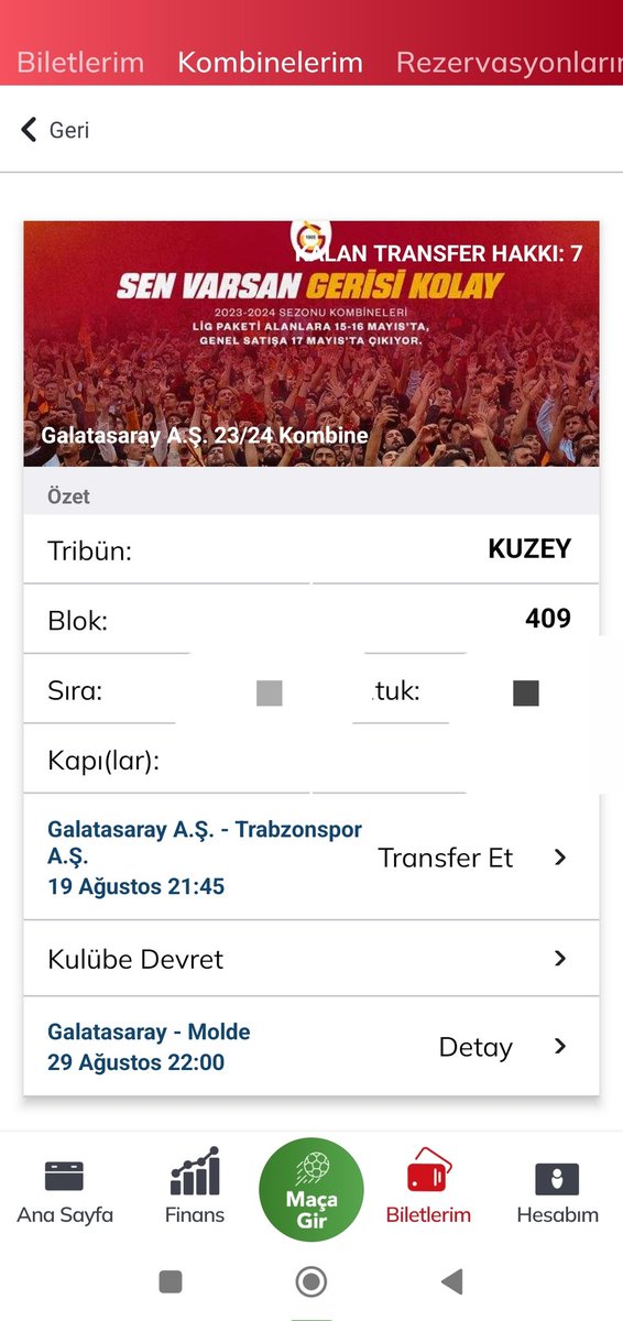 Galatasaray Trabzonspor maçına il dışında olmam sebebiyle gidemeyeceğim. Kuzey Üst. Dm😉
#bilet #biletvar #biletdevret #biletarıyorum #biletdevir #kombinedevir #kombine #kombinenidevret #kombinetransfer #Galatasaraybilet #gsavrupa #galatasaraybiletdevir #ultraslan #GSvTS