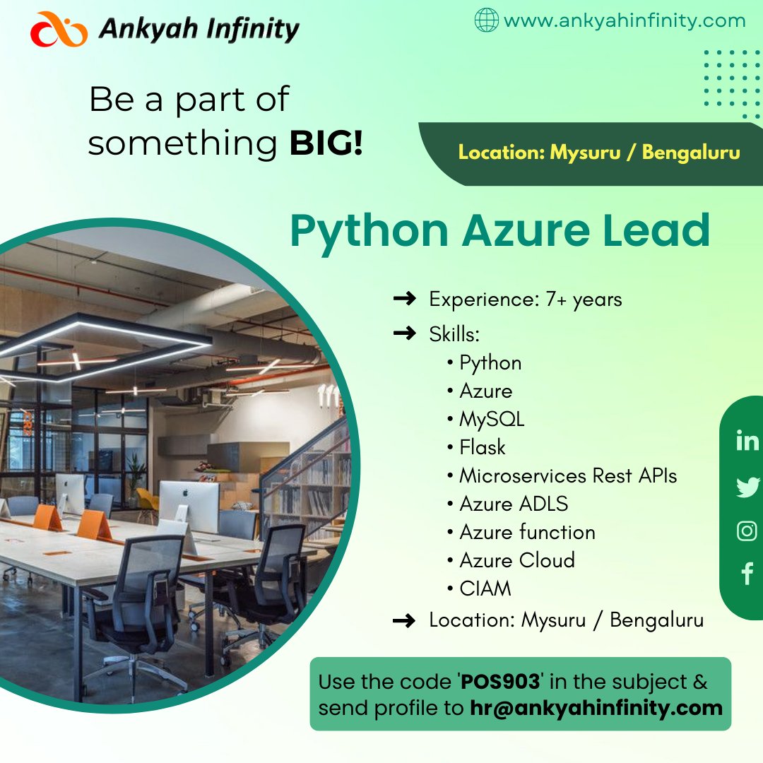 Python Azure Lead required!
.
.
.
#pythondeveloper #python #azure #mysql #flask #restapi #azurecloud #mysuru #bengalurujobs #careers #jobinterviews #hiringandpromotion #techcommunity #softwarejob #hiring #technology #softwareengineering