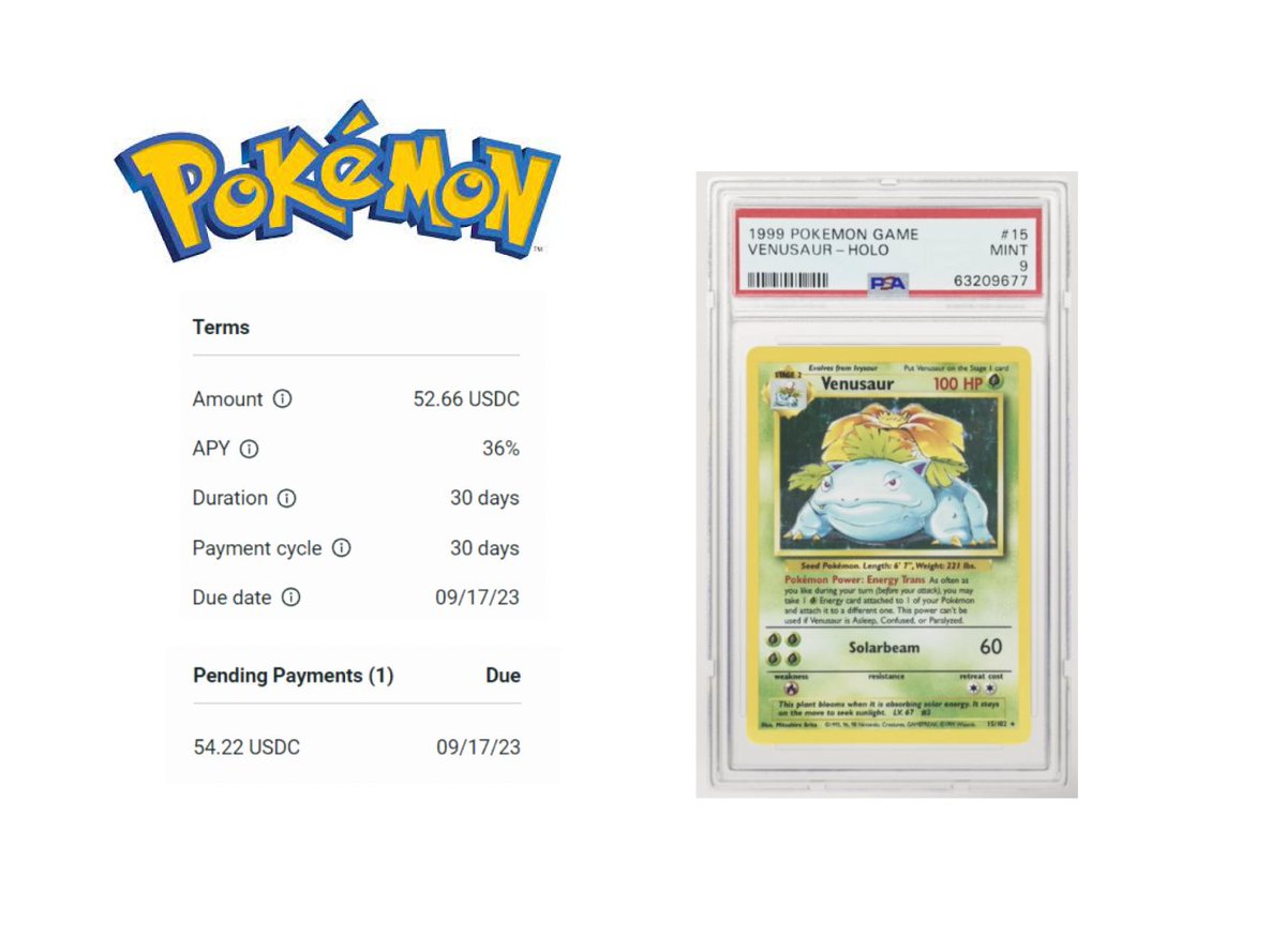 0xSammy's tweet photo. A 36% APY loan has just been taken out against this Holographic PSA-9 Pokemon Card.

NFT lending just levelled up.🧵(1/7) https://t.co/winzvn21w6