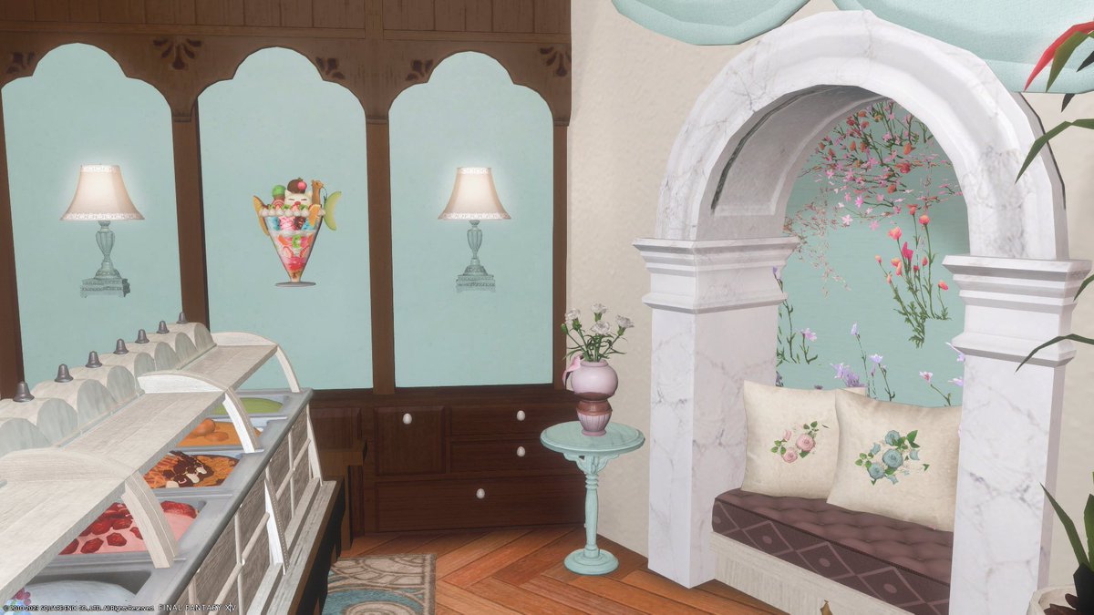 RukaHaru14's tweet image. 𝙈𝙞𝙨𝙩 𝙘𝙧𝙚𝙖𝙢🍨

暑〜いのでチョコミントカラーのアイスクリーム屋さん作りました🩵🤎

良かったら涼しみに来てください😋🍦

🏠Anima mist 1-27(S)
#ffxivhousing #FF14ハウジング
#HousingEden