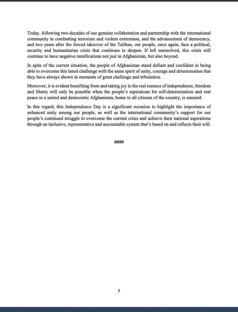 AfghanistanInBE's tweet photo. Statement of the Coordination Council of Diplomatic and Consular Missions of the Islamic Republic of Afghanistan On the 104th Anniversary of the Restoration of Afghanistan’s Independence 

19 August 2023 https://t.co/NHyJn9qtr1