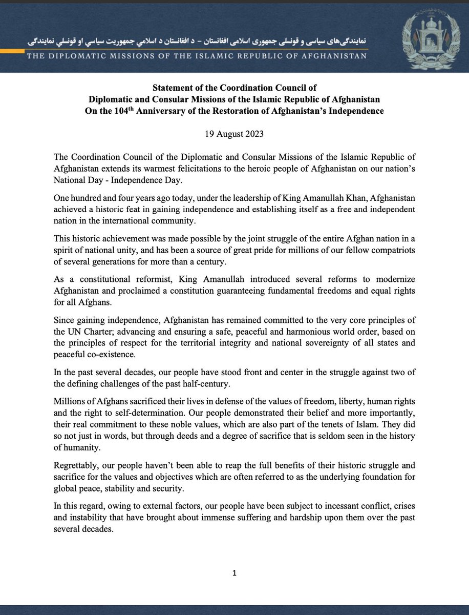 AfghanistanInBE's tweet photo. Statement of the Coordination Council of Diplomatic and Consular Missions of the Islamic Republic of Afghanistan On the 104th Anniversary of the Restoration of Afghanistan’s Independence 

19 August 2023 https://t.co/NHyJn9qtr1