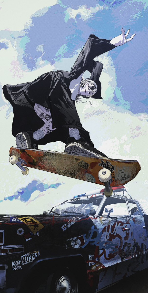 skateboard 1boy ground vehicle solo motor vehicle sky from below  illustration images