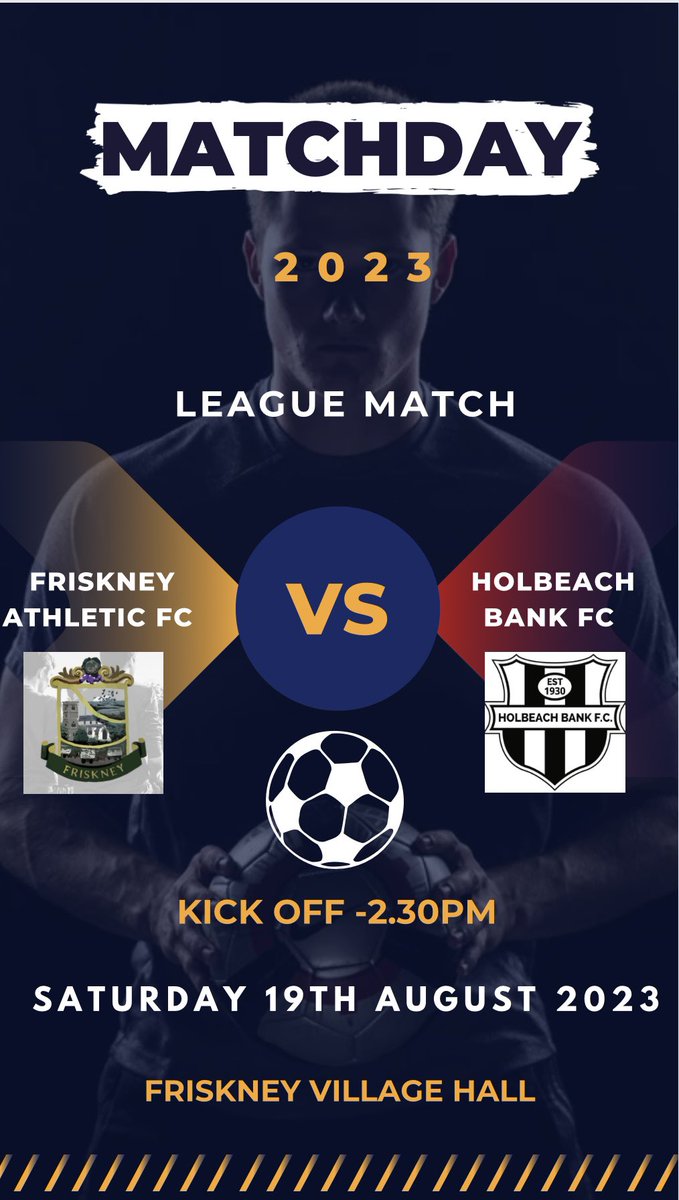 Friskneyathfc's tweet photo. 📣 GAMEDAY!! 

Today we welcome @Holbeach_BankFC in the first game of the 2023/24 season. 

🗓️ Saturday 19th August 
🆚Holbeach Bank FC
🏟️ Friskey Athletic Football Club
PE22 8RD
🕝 Kick off - 2.30pm 
👨‍👩‍👧‍👦 Supporters welcome 
💰Free Entry

 #upthefriskney 💙💛 https://t.co/xepRUxKBfc