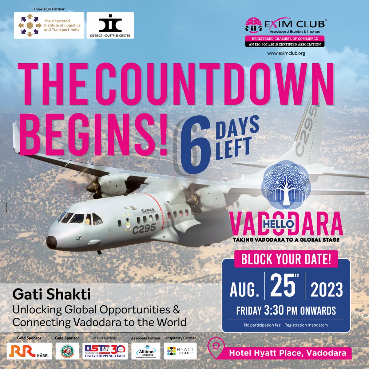 exim_club's tweet image. The excitement is building! Only 6 days left to register for "Gati Shakti." Be part of Vadodara's economic evolution on August 25th. Secure your spot now! 🏗️🚢 #EconomicEvolution #GatiShakti #6DaysToGo