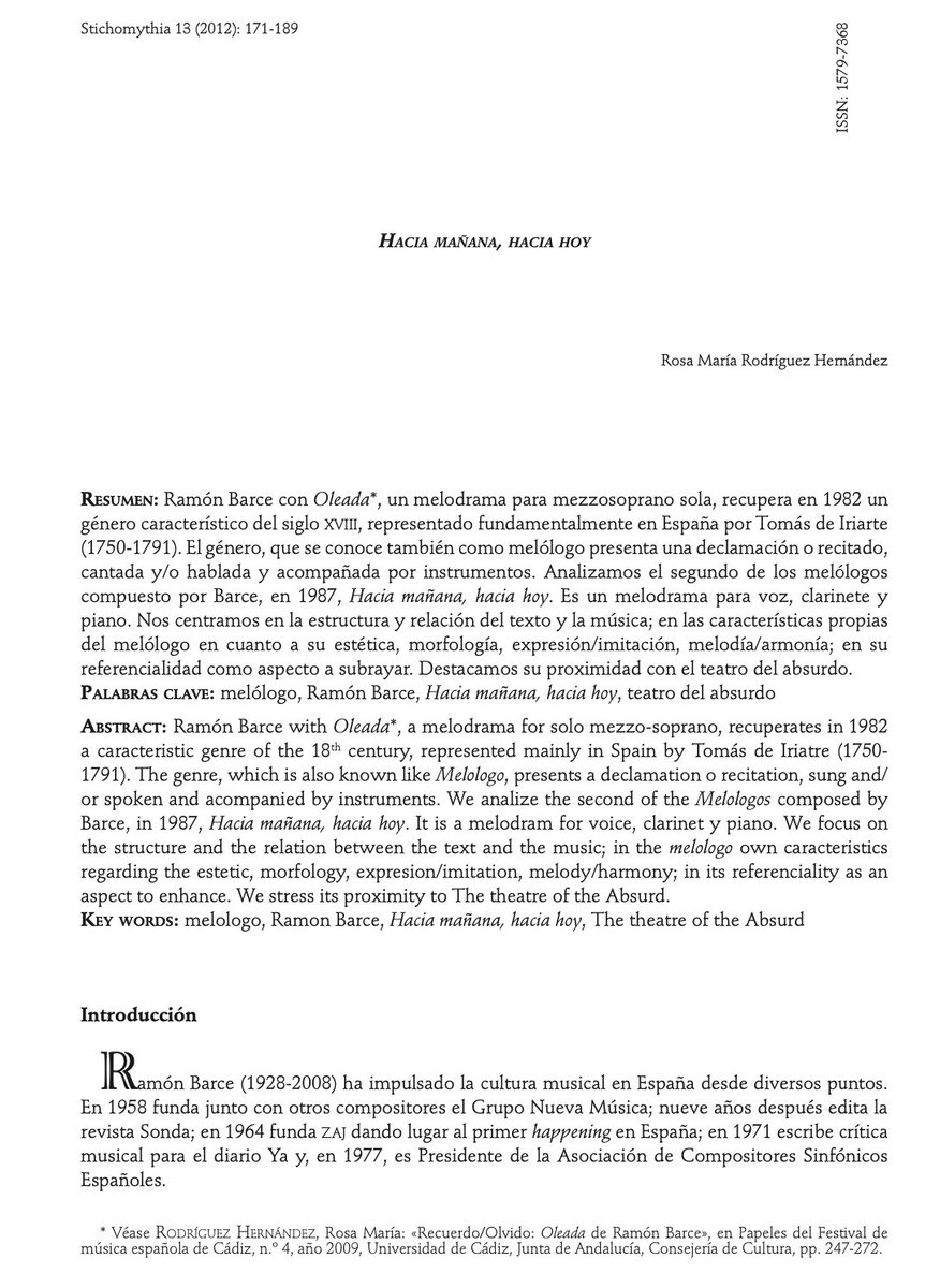 RosaRrh's tweet photo. Artículo "Hacia mañana, hacia hoy", en Stichomythia, 13, 2012, pp.171-189. Universitat de València.https://t.co/6c38TEPn12 https://t.co/2gMVMPyyua