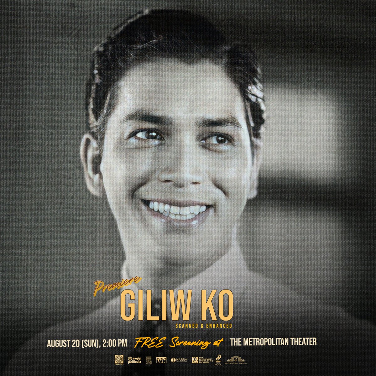 SagipPelikula's tweet photo. #ElyRamos as Antonio in #CarlosVanderTolosa’s 1939 LVN classic film, #GiliwKo.
Join us tomorrow, Aug. 20, Sun, 2PM at #TheMetropolitanTheater for the premiere!
Register https://t.co/aVDfdQZmVX to watch for FREE!
#SagipPelikula #LVNPicturesInc #NCCA #MetNatinTo #FDCP https://t.co/TM8yER0UR1