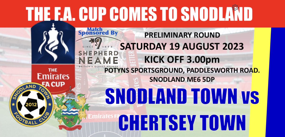 Snodland Town FC (@snodlandtownfc) on Twitter photo Match Day ⚽️
Snodland will be the place to be today as the FA Cup hits “THE TOWN” for the very first time in our history. 2019 FA Vase winners <a href="/TheCurfews/">Chertsey Town FC</a> will be our opponents. <a href="/SCEFLeague/">Presence & Co. SCEFL League</a>
“NOT TO BE MISSED” <a href="/LionInsurance/">Lion Insurance</a> <a href="/ShepherdNeame/">Shepherd Neame</a>
#UPTHETOWN #YellowBlueArmy 💛💙💛💙 Match Day ⚽️
Snodland will be the place to be today as the FA Cup hits “THE TOWN” for the very first time in our history. 2019 FA Vase winners <a href="/TheCurfews/">Chertsey Town FC</a> will be our opponents. <a href="/SCEFLeague/">Presence & Co. SCEFL League</a>
“NOT TO BE MISSED” <a href="/LionInsurance/">Lion Insurance</a> <a href="/ShepherdNeame/">Shepherd Neame</a>
#UPTHETOWN #YellowBlueArmy 💛💙💛💙
