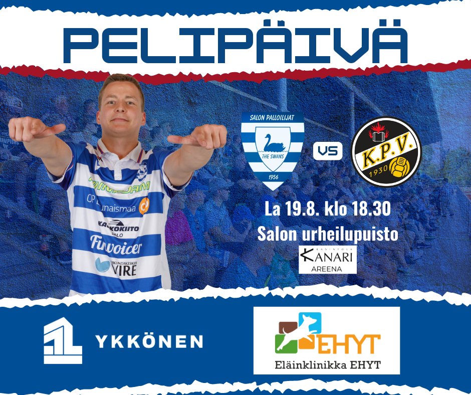 Pelipäivä! 🔥

Tärkeä Eläinklinikka EHYT:in isännöimä kotipeli KPV:tä vastaan tänään Kanari Areenan sametilla. 

Tule ajoissa, kaikille 17.30-17.45 saapuville luvassa lakua lauantaihin by Menestystarinat.

Kick off 18.30
Portit auki 17.30
Liput 12€ / 8€ / alle 16v ilmaiseksi