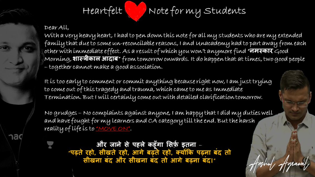 DChawnani's tweet photo. Another TOP Educator was terminated from Unacademy yesterday!
What is happening here? They fired CA Anshul Agrawal without any notice and without any violation. This is the system? #unacademy #anshulagrawal #caanshulagarwal #cacsanshul @unacademy #UninstallUnacademy https://t.co/enpH6Z4iHB