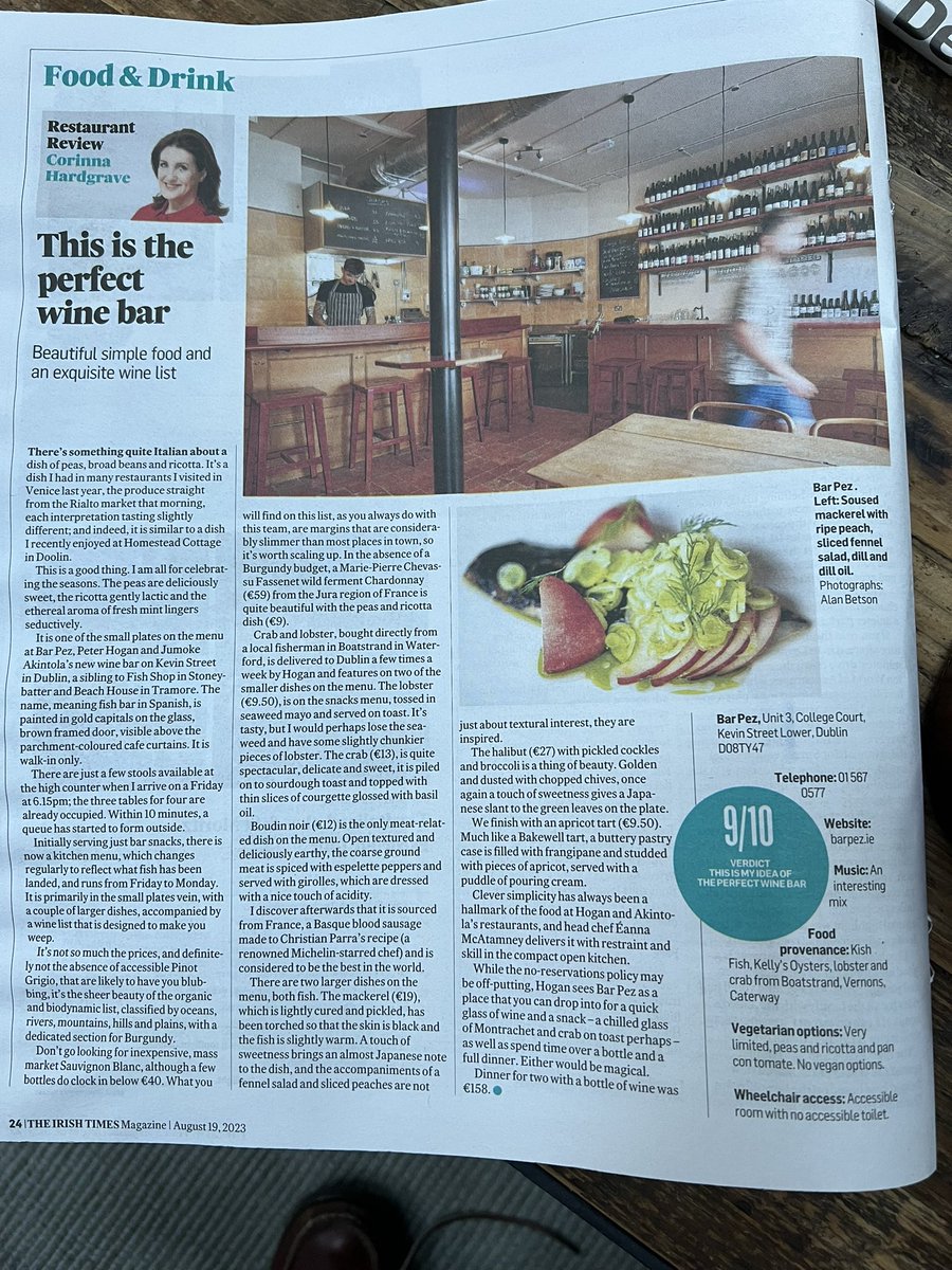 I couldn’t agree more with <a href="/CorinaHardgrave/">Corinna Hardgrave</a> in the <a href="/IrishTimes/">The Irish Times</a> Bar Pez a rich addition to Dublin food and wine scene <a href="/barpezdublin/">Bar Pez</a>
