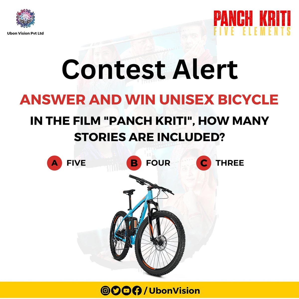 UbonVision's tweet photo. Guess the right Answer and get a chance to win this Unisex Bicycle 😍🔥
Gather your squad by participating in this giveaway.

Rules: Answer correctly using #PanchKritiFiveElements | Tag 3 friends | Share this Post &amp; Follow @UbonVision 
#Giveaways #ContestAlert #PanchKriti https://t.co/W2WvOwpCYN