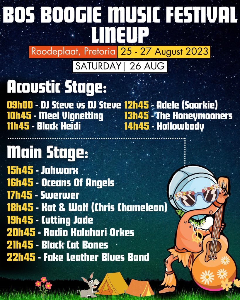 Here it is!! The line-up for SATURDAY evening!! 
Ek=12mv2, is the energy associated with the movement of a chemical entity's center of mass, where m is the mass of the chemical entity (molecule, atom or ion) and v is the velocity of its center of mass.Bos Boogie Music Festival!!