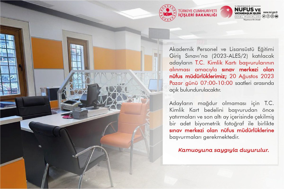 ✍️ Pazar günü gerçekleştirilecek Akademik Personel ve Lisansüstü Eğitimi Giriş Sınavı (2023-ALES/2) için nüfus müdürlüklerimiz açık olacaktır.

‼️ İşlemler randevusuz olarak gerçekleştirilecektir.   

Sınava girecek adaylara başarılar dileriz.

Açık olacak nüfus müdürlüklerimiz