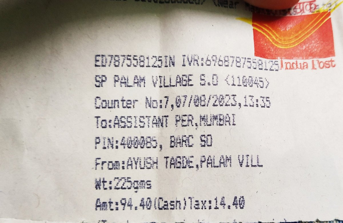 _Ayushtagde_'s tweet photo. @IndiaPostOffice @cpmgdelhi @pmgmumbai I sent my article through speed post on 07/08/2023 Consignment no: ED787558125IN. And it is yet to be delivered to the addressee. I had already registered a complaint against it(2002984505) which have no response! PLEASE HELP, It's urgent! https://t.co/8k2skFA4CY