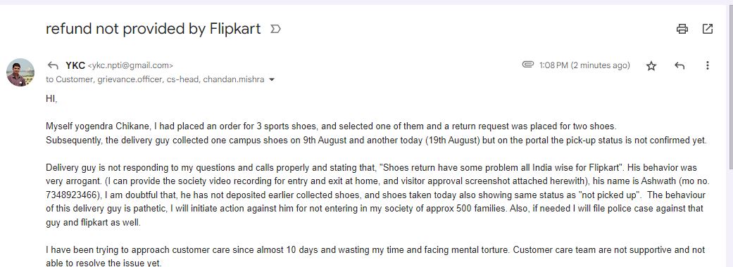 ykc_jec's tweet photo. @Flipkart @flipkartsupport @_Kalyan_K @_sachinbansal @flipkart_victim  After 10 years of association and 200+ orders as well, flipkart's support for its customer was pathetic and un expected. Just last effort on twitter for resolution, before going to legal recourse. https://t.co/WJGJe3wGa2