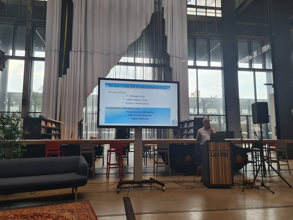 "Libraries can set examples in sustainability and support democracy" says @tonvvl at the opening of the <a href="/IflaENSULIB/">IFLA ENSULIB Section</a> <a href="/IFLA_PLS/">IFLA PLS</a>  Satellite meeting #wlic2023 at the wonderful LocHal #library. We look forward to an interesting conference!