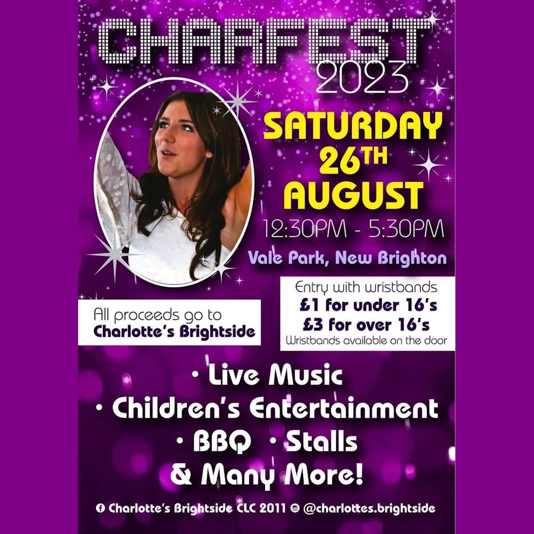 One week to go! Join us next Saturday for the amazing #CharFest2023! We are so excited to be returning. 💜
#charlottesbrightside #valepark <a href="/WhatsOnWirral/">WhatsOnWirral</a>
<a href="/wirralglobenews/">Wirral Globe</a> <a href="/NBBeachResort/">New Brighton Resort</a>  #newbrighton #theliterarygiftshop #charity