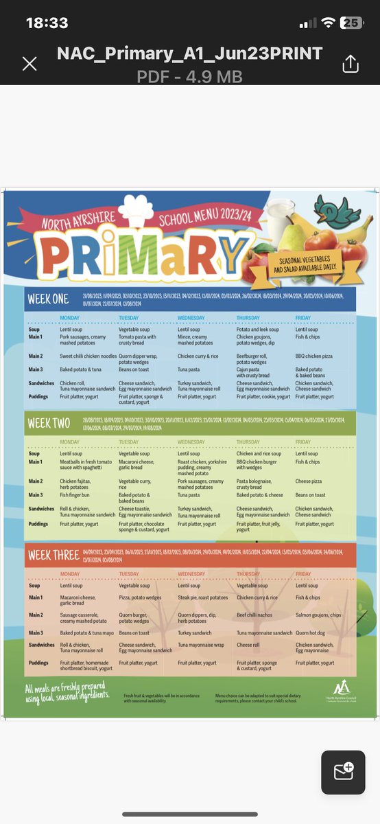 Sdalton321's tweet photo. New 3 week menu for all North Ayrshire Primary schools 🍽️🥛🍽️🥛 https://t.co/xfzwOAqjSG