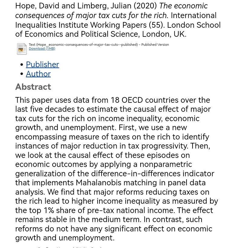 attac_fr's tweet photo. Une étude menée par des chercheurs de la London School of Economics a analysé les conséquences de baisses d’impôts sur les riches dans 18 pays de l’OCDE : elles n’ont eu aucun effet significatif sur l’emploi ou la croissance, et ont eu pour seul effet d’augmenter les inégalités. https://t.co/gFZtSvd8JF
