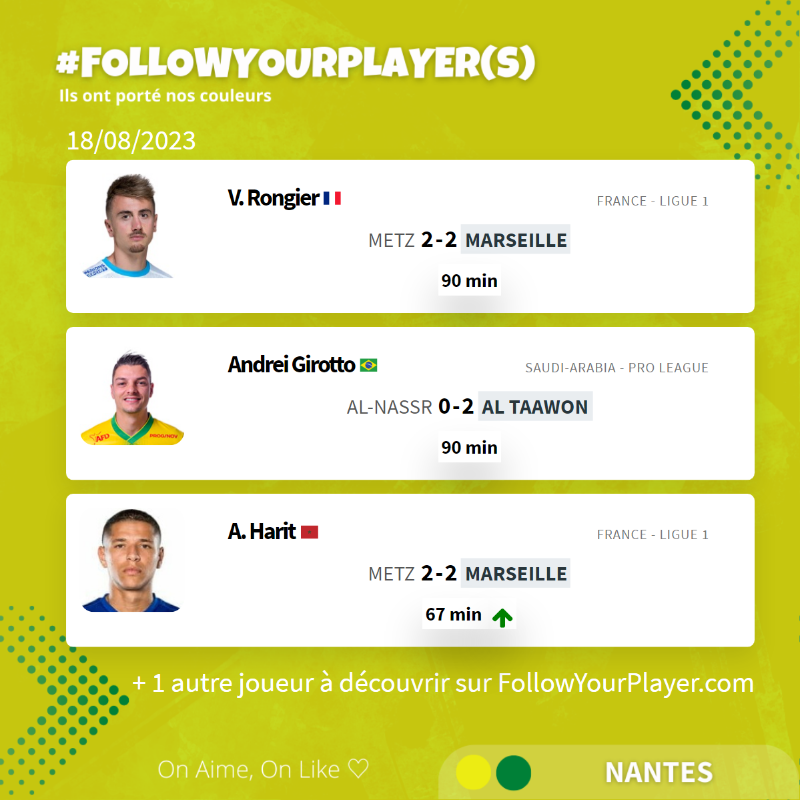 FollowYouPlayer's tweet photo. #FCNANTES π‘π’
π«π· Ils ont portΓ© nos couleurs π₯
#fcn #nantes
#Followyourplayer(s)
#Ligue1 #Ligue1UberEats #football #sport
π«π· On Aime, On Like β‘