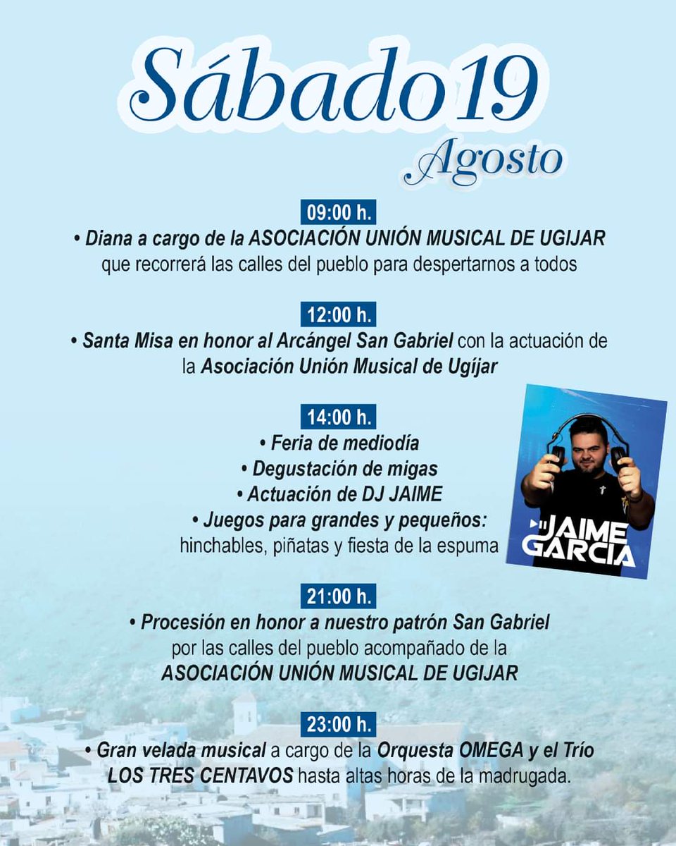 PROGRAMACIÓN FIESTAS PATRONALES DE JORAIRÁTAR 2023
Os mostramos la programación de hoy sábado 19 de agosto de las #FiestasPatronales de Jorairátar en honor del #Arcángel #SanGabriel, que la Comisión de Fiestas 2023 ha propuesto para el disfrute de todos los públicos.