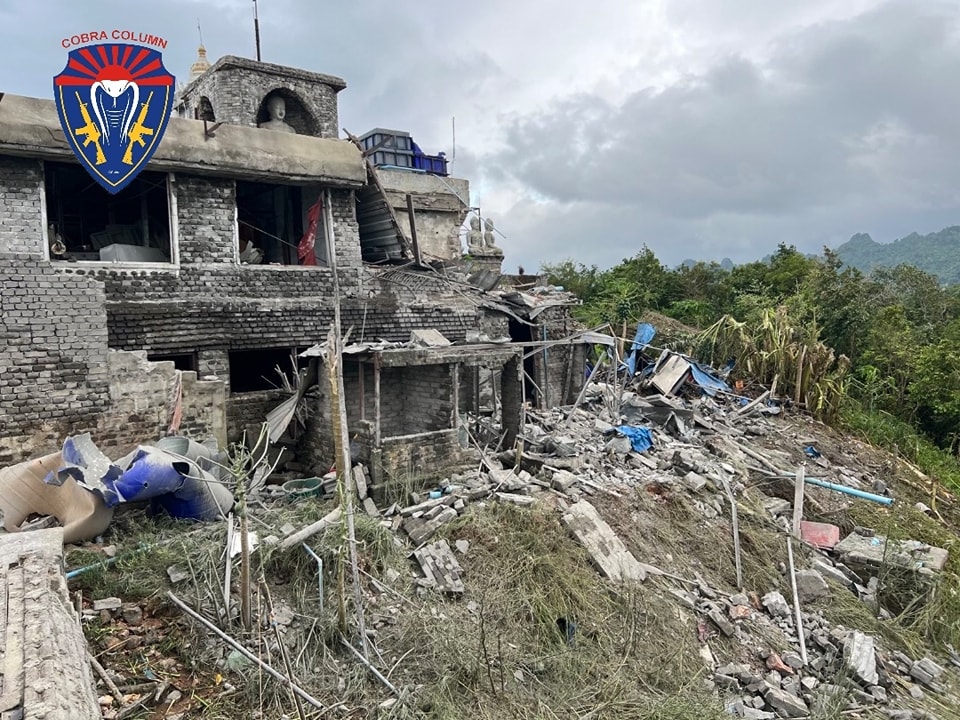 IrrawaddyNews's tweet photo. Myanmar junta jets bombed Buddhist shrines near a former mountaintop base in Karen State’s Myawaddy Township on Friday. Regime forces were driven from the base on July 21. Repeated attempts to retake the base have resulted in heavy losses of regime troops. https://t.co/C95UK9Z3pS
