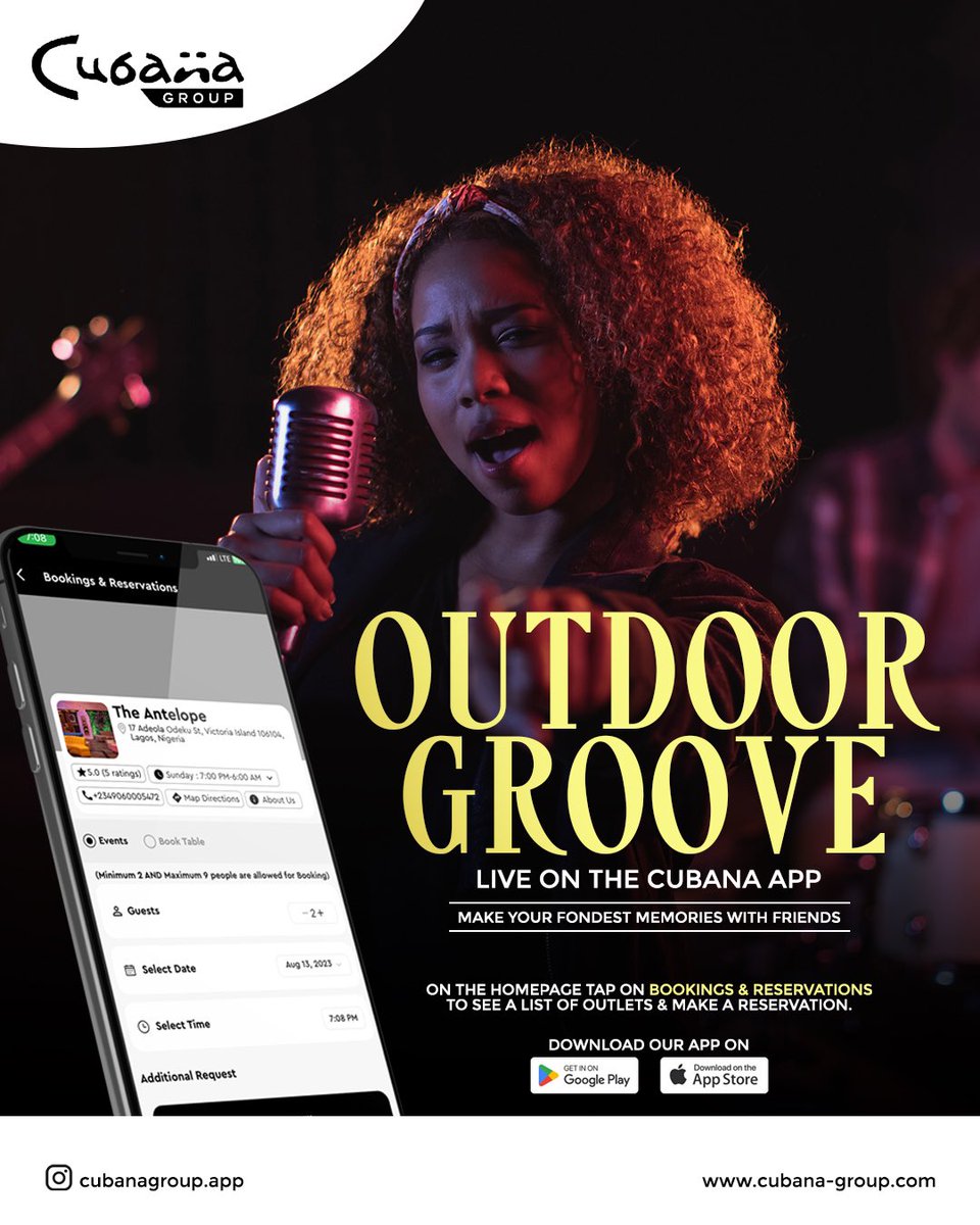 CubanaApp's tweet photo. The Cubana NG app make things easier and much faster for everyone. 

On the homepage, tap on bookings &amp; reservations to see a list of outlets &amp; make a reservation for a fantastic OUTDOOR GROOVE.

.
#cubanasuites #obicubana#cubanaapp #wednesdaycashback #cubanagroup #abujahotel https://t.co/kWCgjcjJRB