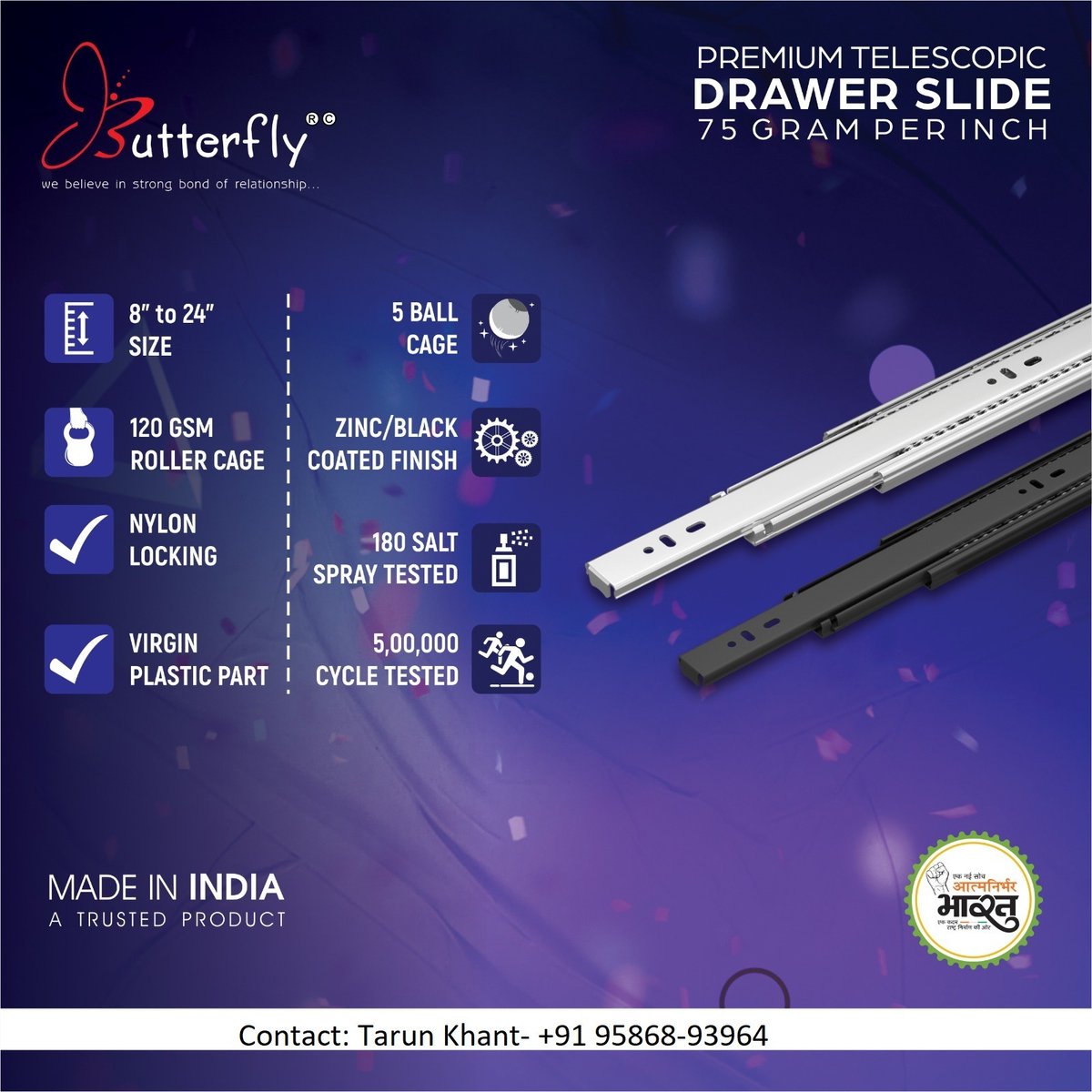 #Butterfly's Made in India #TelescopicDrawerSlide is reliable #kitchenhardware with a 75g per inch weight capacity.
#ButterflyRajkot #ButterfHardware #KitchenSolutions #AnirvedIndustries #Rajkot #SlidingChannels #DrawerSlidingChannel #TelescopicSlides #DrawerSlidesManufactures