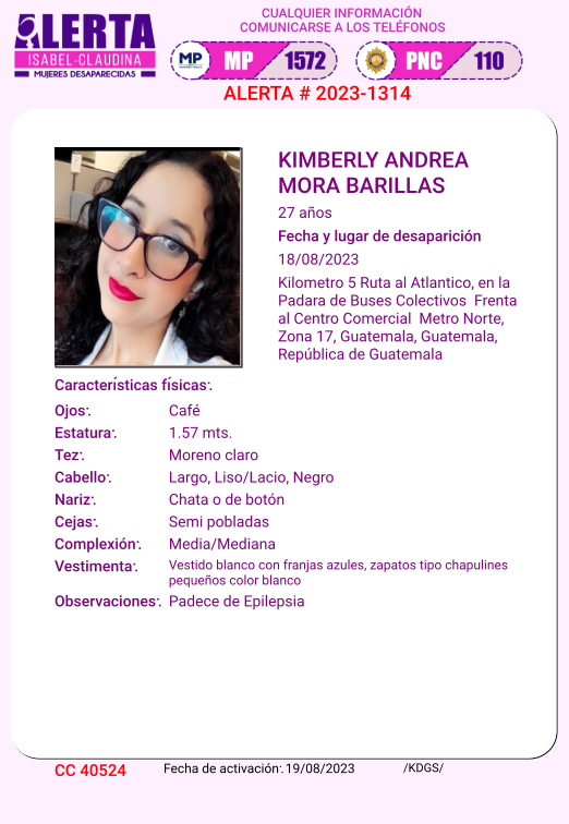 #AlertaIsabelClaudina
🚨 Ayúdenos a encontrar a
kimberly andrea mora barilla
Desapareció el 18 de agosto de 2023
Cualquier información comunicarse al teléfono 📞 1572
Gracias por difundir esta información❗