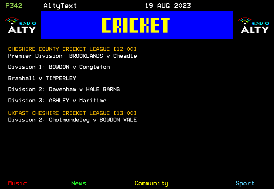 #AltyText - Cricket. Here's today's fixtures for <a href="/Brooklands_CC/">Brooklands Cricket</a>, <a href="/BowdonCricket/">Bowdon Cricket Club</a>, <a href="/Timperley_CC/">TimperleyCricketClub</a>, <a href="/HaleBarnsCC/">Hale Barns Cricket Club</a>, <a href="/CricketAshleyCC/">Ashley Cricket Club</a> and <a href="/BowdonValeCC/">Bowdon Vale CC</a>. #RadioAltySport