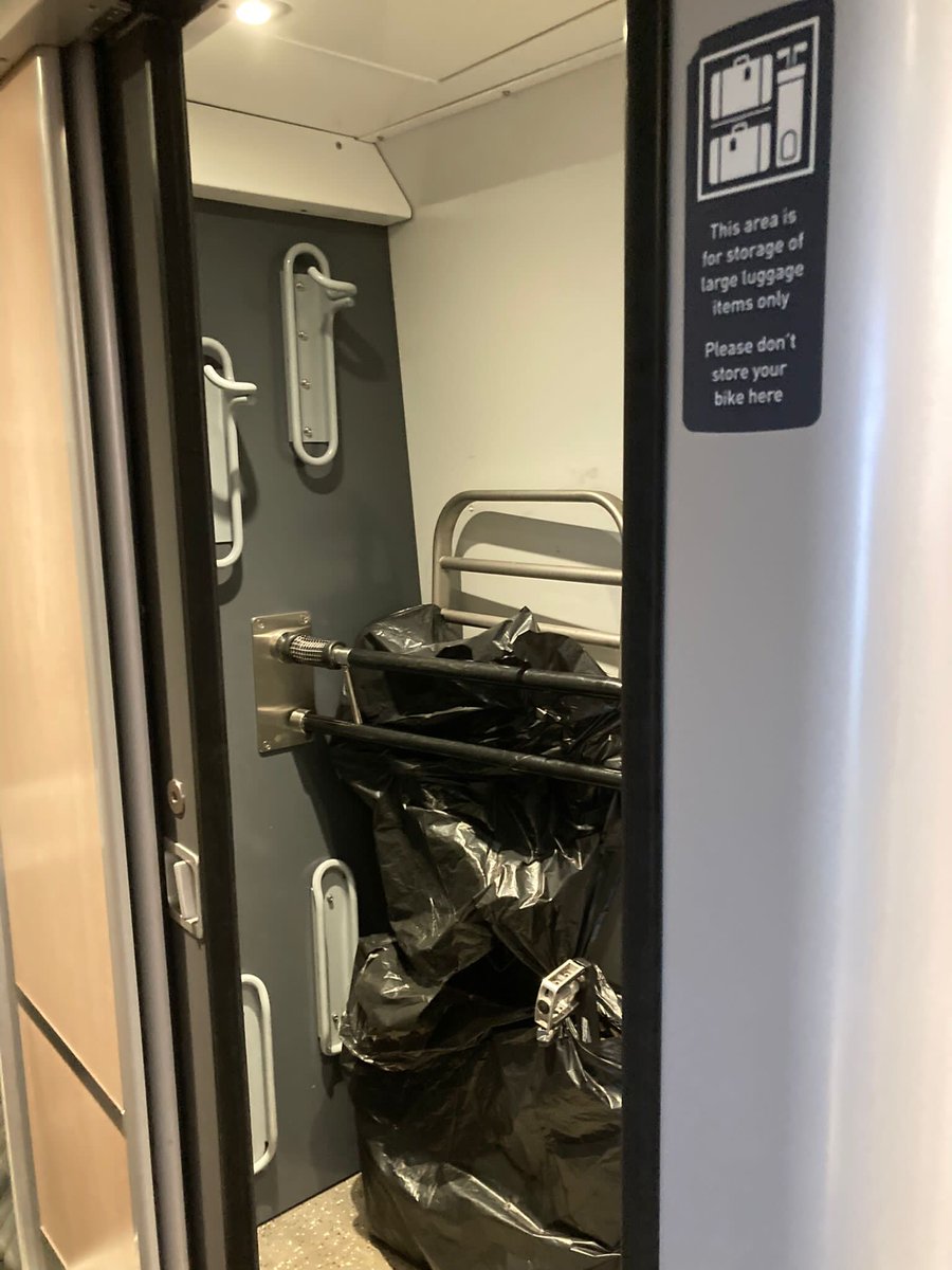 emilywilsdon's tweet photo. We don’t have many bike spaces on trains as it is - why are @LNER   @ScotRail labelling bike compartments for large luggage only?? Ladders carried but not bikes? In peak holiday season too @WeAreCyclingUK @CyclingUKScot https://t.co/kBUMo6aGTq