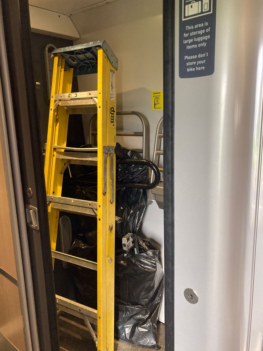 emilywilsdon's tweet photo. We don’t have many bike spaces on trains as it is - why are @LNER   @ScotRail labelling bike compartments for large luggage only?? Ladders carried but not bikes? In peak holiday season too @WeAreCyclingUK @CyclingUKScot https://t.co/kBUMo6aGTq