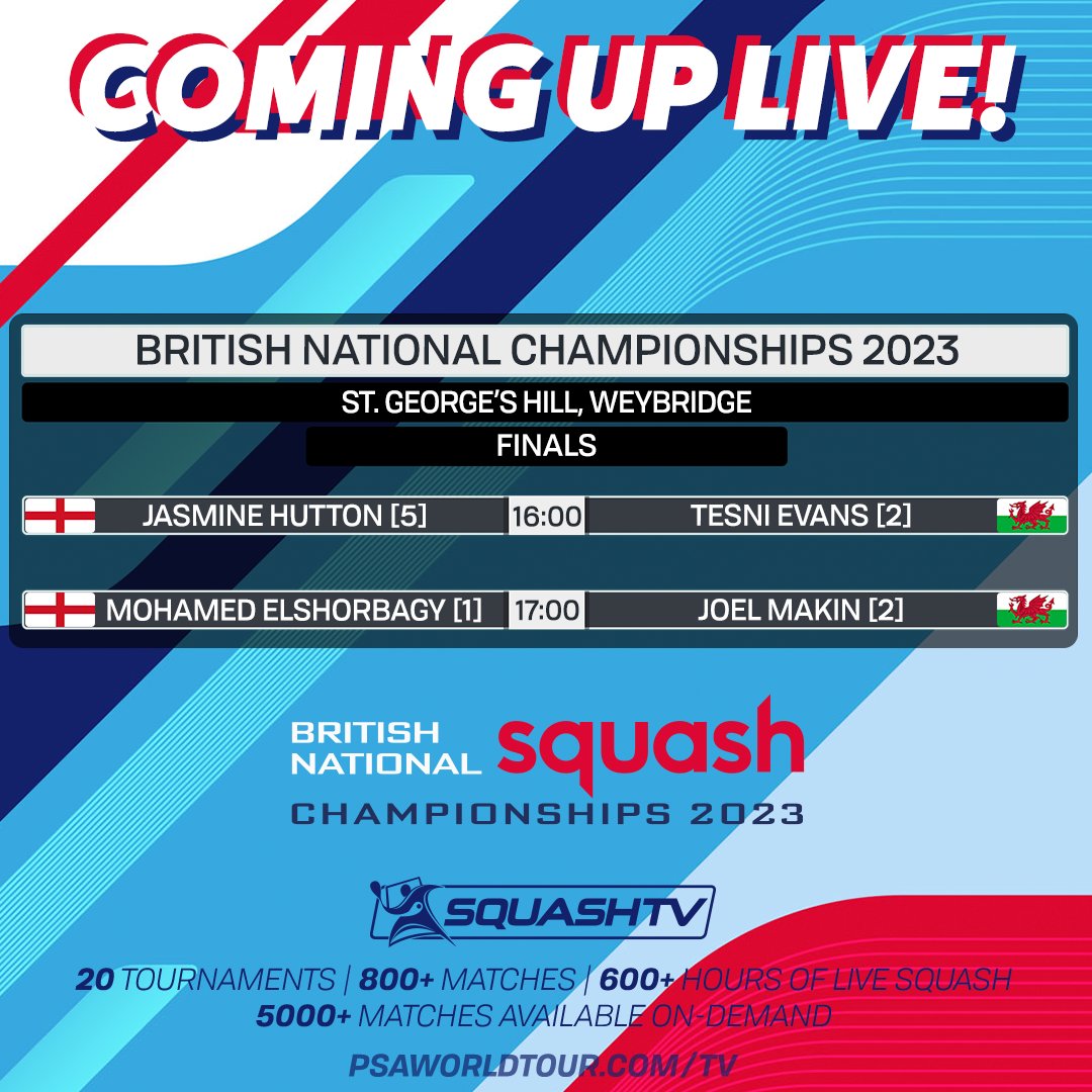 It's finals day! 🤩 Defending champions @JasmineTHutton and @MoElshorbagy face Wales' @tesnievans and @JoelMakin for this year's titles 🏴󠁧󠁢󠁥󠁮󠁧󠁿🆚🏴󠁧󠁢󠁷󠁬󠁳󠁿 Play begins at 16:00 (BST) and you can watch both finals live on @SquashTV! 📺 #BritishNationals