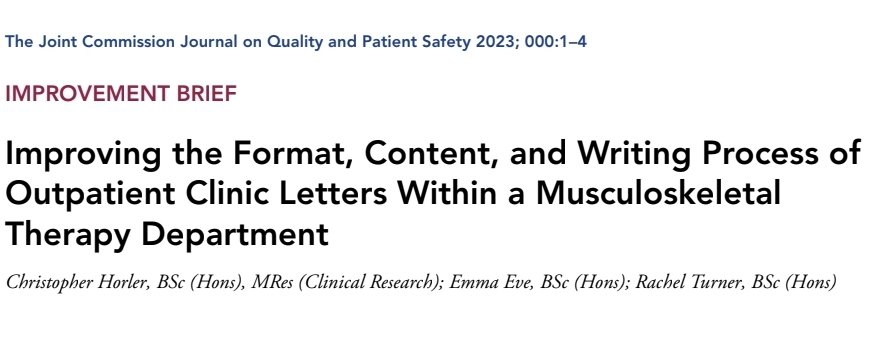 Chris Horler (@chris_horler) on Twitter photo Great to see our #QI paper on co-producing #MSK outpatient clinic letters published. 50 days free access via this link:
authors.elsevier.com/a/1hcRD_ZKzwph…
<a href="/Rachel_A_Turner/">Rachel Turner</a> <a href="/SussexMSK/">Sussex MSK Partnership</a> @scft_ahp Great to see our #QI paper on co-producing #MSK outpatient clinic letters published. 50 days free access via this link:
authors.elsevier.com/a/1hcRD_ZKzwph…
<a href="/Rachel_A_Turner/">Rachel Turner</a> <a href="/SussexMSK/">Sussex MSK Partnership</a> @scft_ahp
