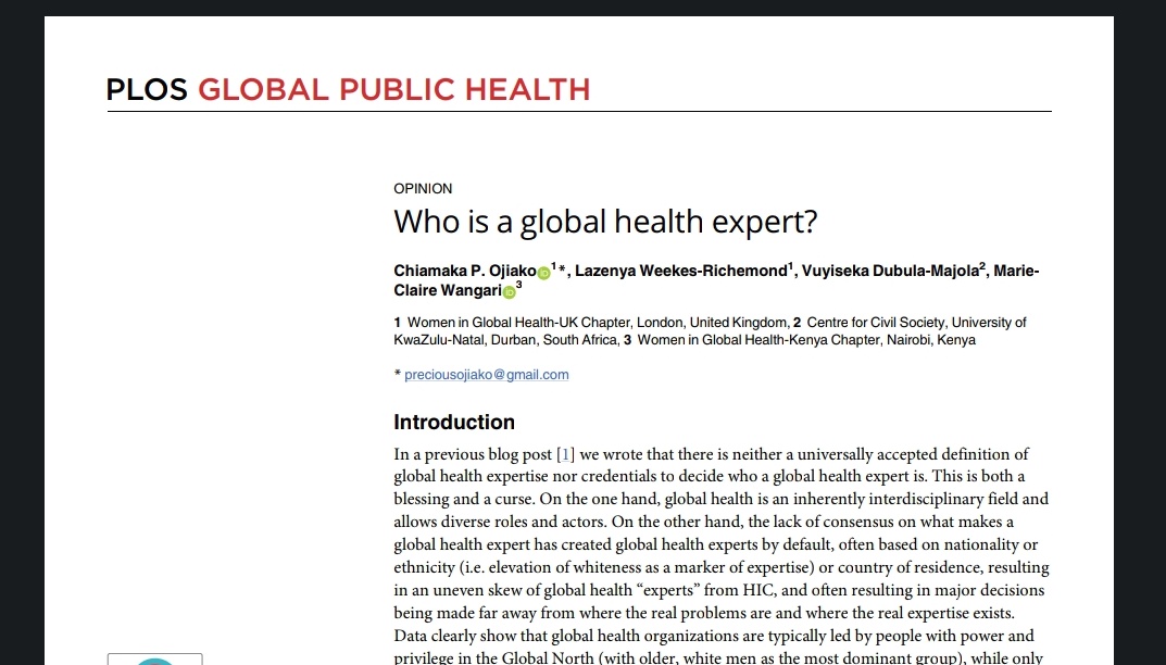 mcwangari's tweet photo. Happy to share our new @PLOSGPH commentary on, "Who is a Global Health Expert" alongside @FavouredAmaka, @VuyisekaDubula &amp; @LazenyaR

Do give it a read here and as usual feedback is welcome

🔗 https://t.co/V09aBOz28C https://t.co/lX0QyL05UH