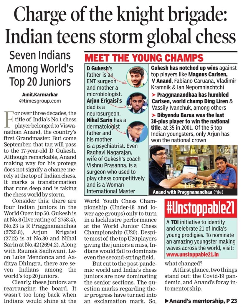 TOIBetterIndia's tweet photo. Celebrating the young chess champions making waves across the world. Click here to read the article: https://t.co/UYUZe82JBc 

Log on to https://t.co/v9AP22dEsL to nominate yourself or an amazing youngster under 21 from India making waves across the world. #Unstoppable21 https://t.co/N6B4iYviIv