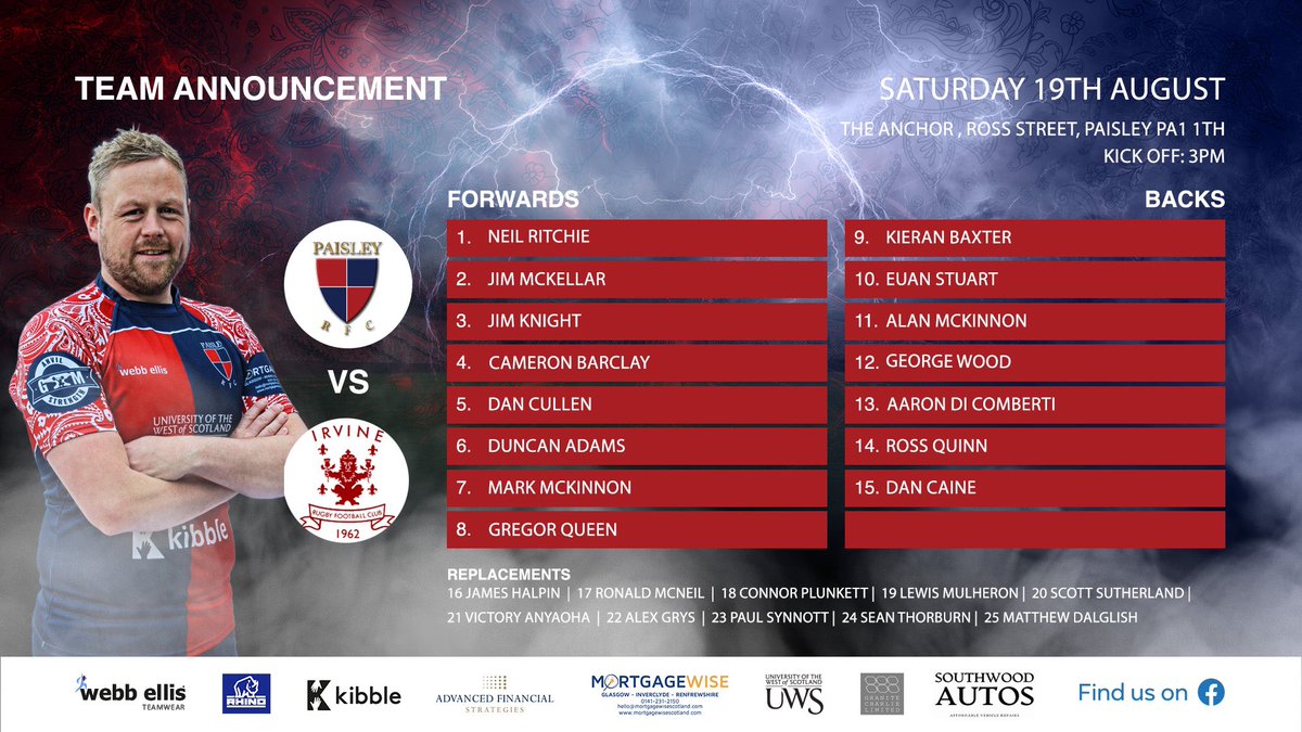 Paisley Rugby Club (@paisleyrfc) on Twitter photo Squad Announcement!
RUGBY Day has returned to The Anchor as We host Irvine Rugby Club in our next Pre Season Fixture today with a 3pm Kick Off
This will be James Halpin first outing in the dugout as Head Coach of Paisley’s 1st XV
#WEAREPAISLEY Squad Announcement!
RUGBY Day has returned to The Anchor as We host Irvine Rugby Club in our next Pre Season Fixture today with a 3pm Kick Off
This will be James Halpin first outing in the dugout as Head Coach of Paisley’s 1st XV
#WEAREPAISLEY