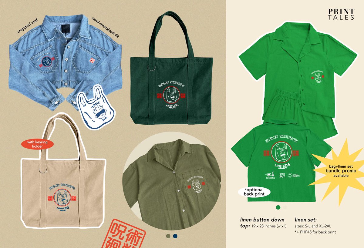 print_tales's tweet photo. 〖 jujutsu kaisen x skip &amp; loafer merch 〗

ﾐ denim jacket, linen set, crossbody bag &amp; more
ﾐ gojo, getou, megumi, yuuji, nobara + mitsumi cat design

🛒: https://t.co/cFahPmhhvh
doo: sept 2 
☑️ sco / 50% dp opt 
— balance after ETA

💌 intl go, dm us

jjk fanmade wts lfb ph https://t.co/eK0wxY5Ml2