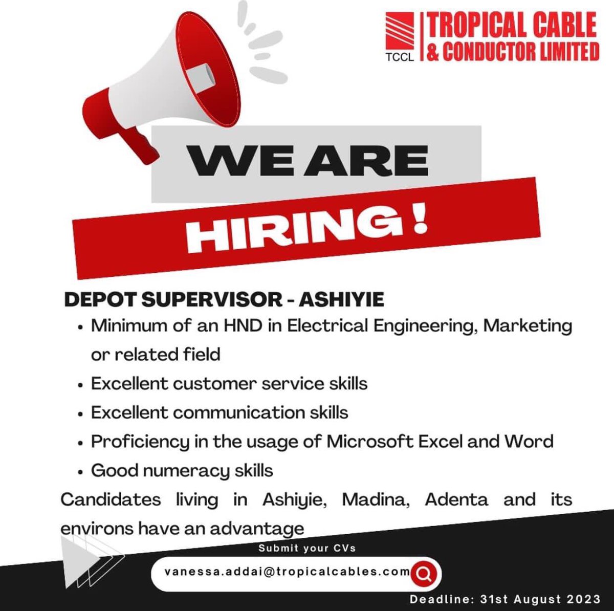 Job Vacancy Announcement!!!!!
Dear All, 
We have vacancy for the role of a Depot Supervisor. Kindly apply if you're interested. Please help me share this post.
#electricalengineeringjobs #engineer #depotsupervisor #depot