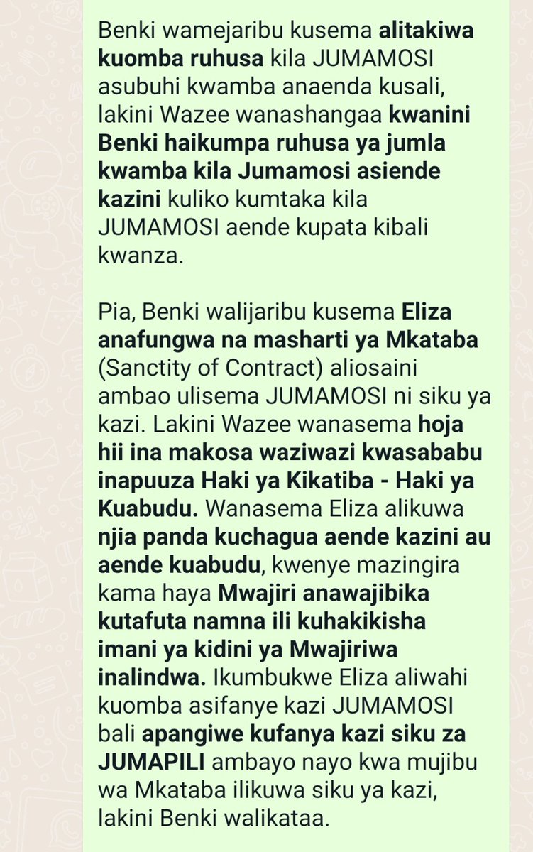 mendez_m_c_a's tweet photo. MSABATO KUTOFANYA KAZI JUMAMOSI NI HAKI YAKE YA KIKATIBA - EWE MWAJIRI TAMBUA HILO

ELIZA - MSABATO alisaini Mkataba wa Ajira na Benki, Mkataba ulionesha kuwa hata JUMAMOSI ni siku ya kazi. Lakini Eliza akawa haendi kazini siku za JUMAMOSI bali alienda kusali/kuabudu - Sabato. 👇🏿 https://t.co/f3fpbf9HpH