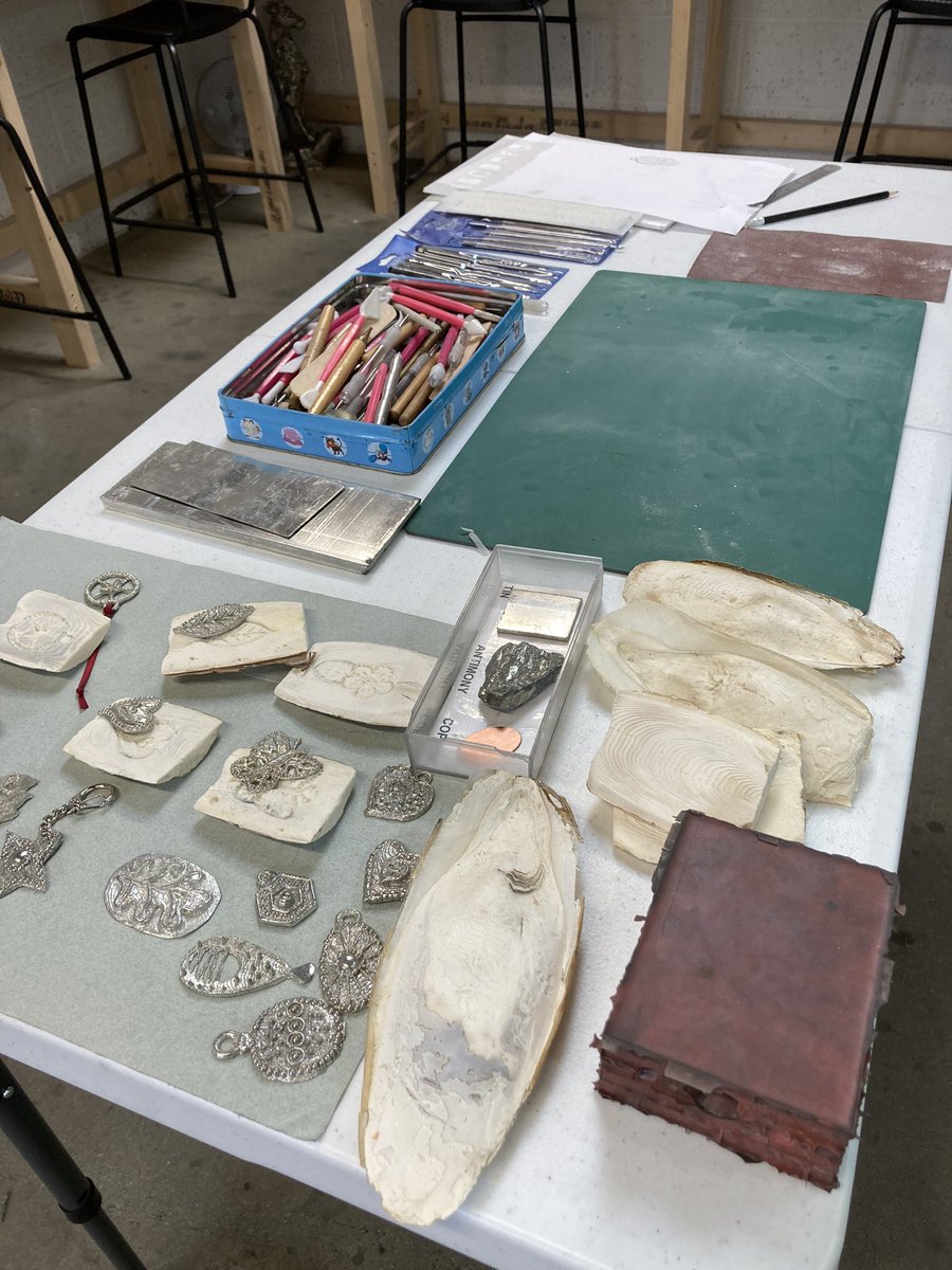 All set up ready for #pewtercasting taster workshop. Making a keyring or pendant so fleurgrenier.co.uk/pewter-casting… for further workshops.