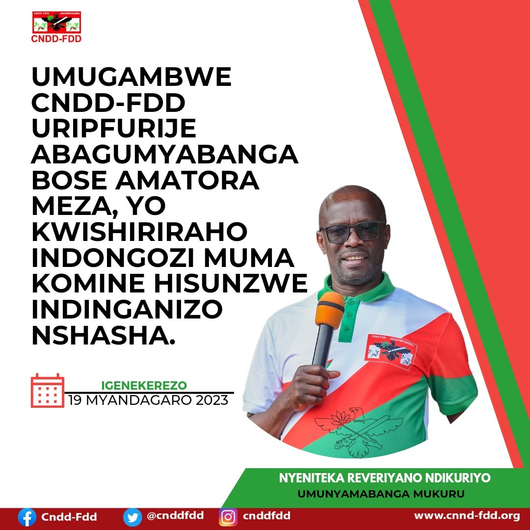 Le Secrétaire Général du parti <a href="/CnddFdd/">CNDD-FDD</a> ainsi que toute la représentation légale du parti souhaite plein succès à toutes les Communes du pays qui organisent aujourd'hui des congrès communaux du parti conformément à la nouvelle structure administrative du #Burundi #CnddFdd2025