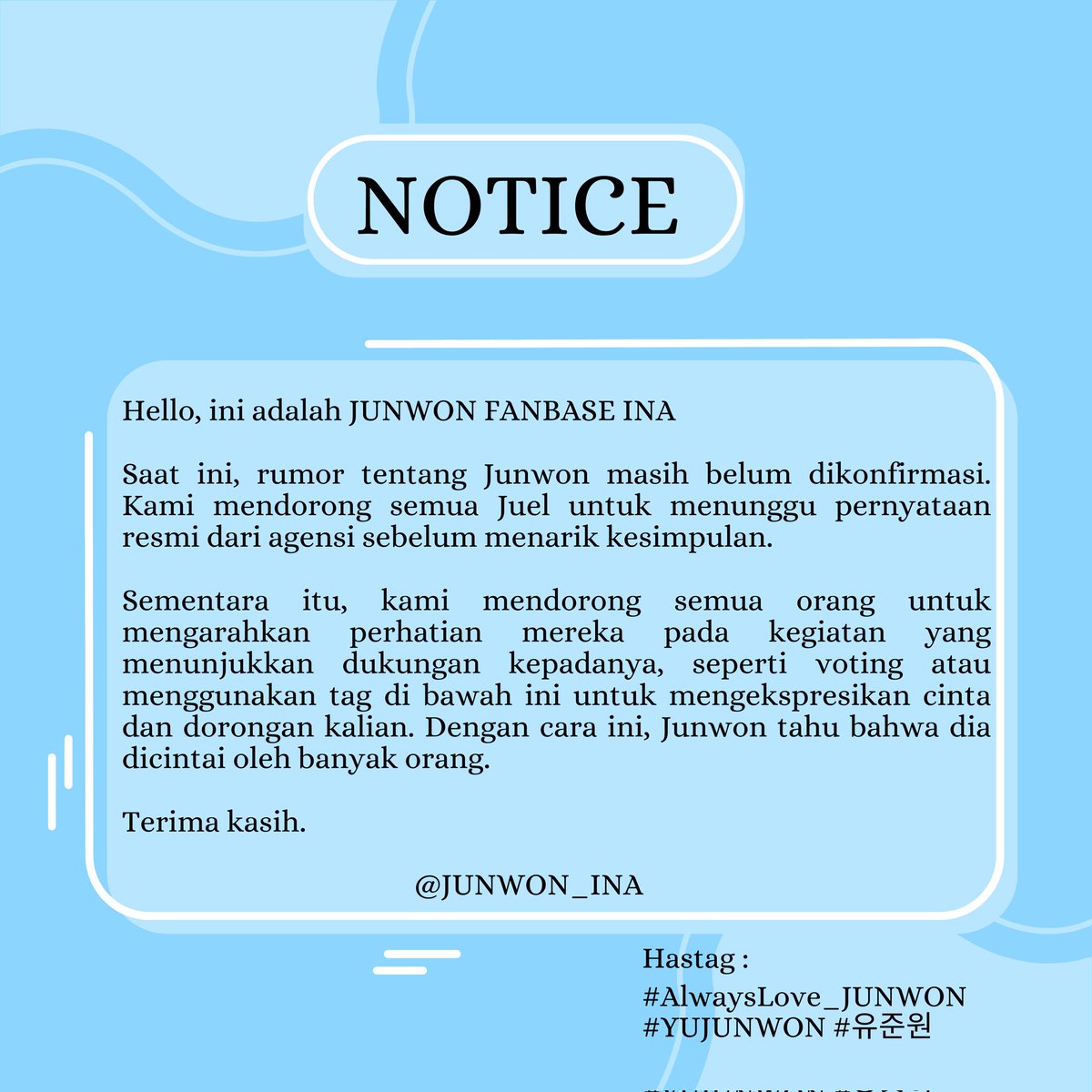 JUNWON_INA's tweet photo. 📢 <NOTICE>

#AlwaysLove_JUNWON #YUJUNWON #유준원 #FANTASYBOYS #판타지보이즈 https://t.co/8fpYwsKM78