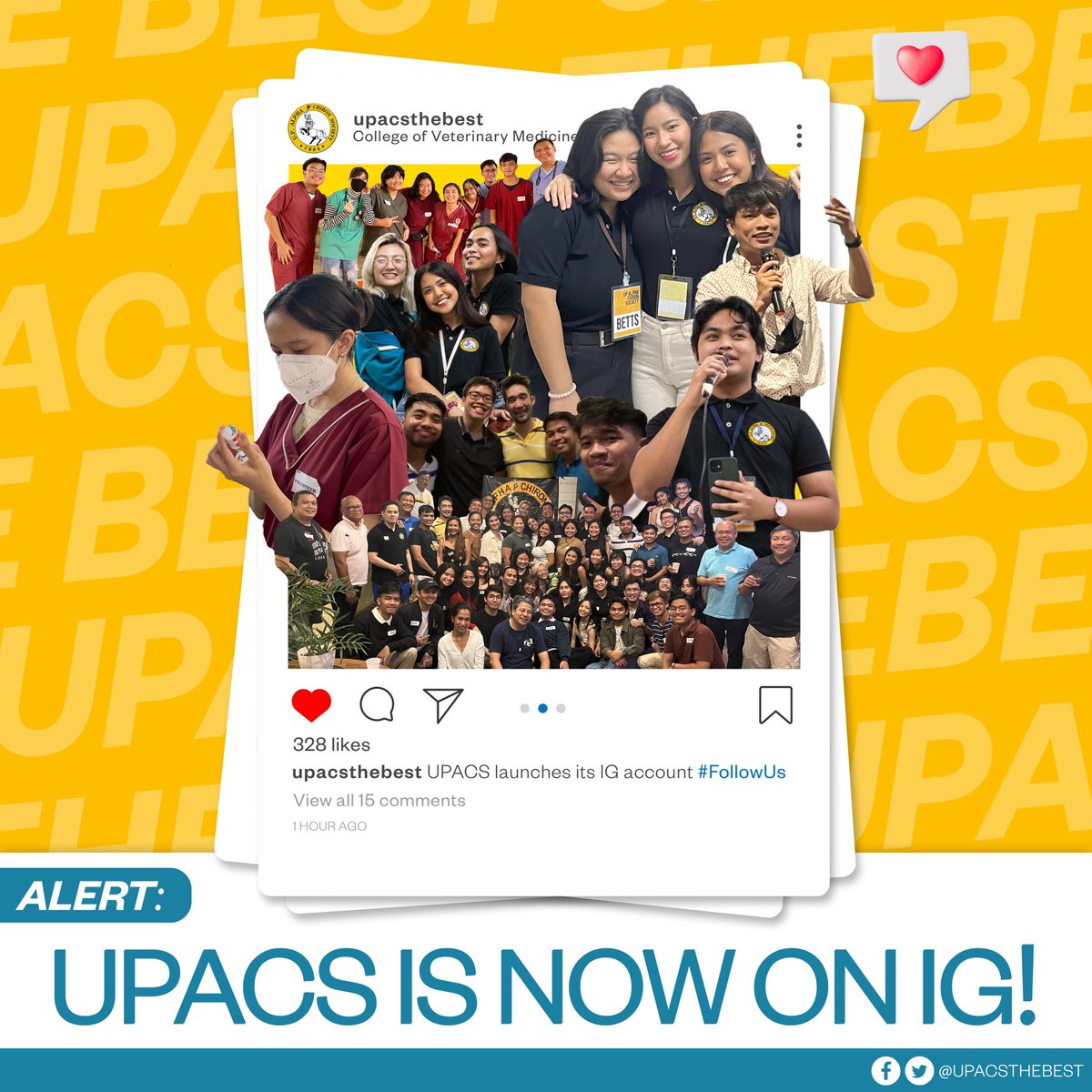 UPACStheBest's tweet photo. Follow @𝗨𝗣𝗔𝗖𝗦𝘁𝗵𝗲𝗕𝗲𝘀𝘁 on Instagram for behind the scenes of your favorite events, member highlights of exceptional chirons, and informational material of all the different specializations in the Veterinary Medicine curriculum! 🐾⚕️

See you on Insta! 👀

#UPACStheBest https://t.co/ZmmXcSjRT4