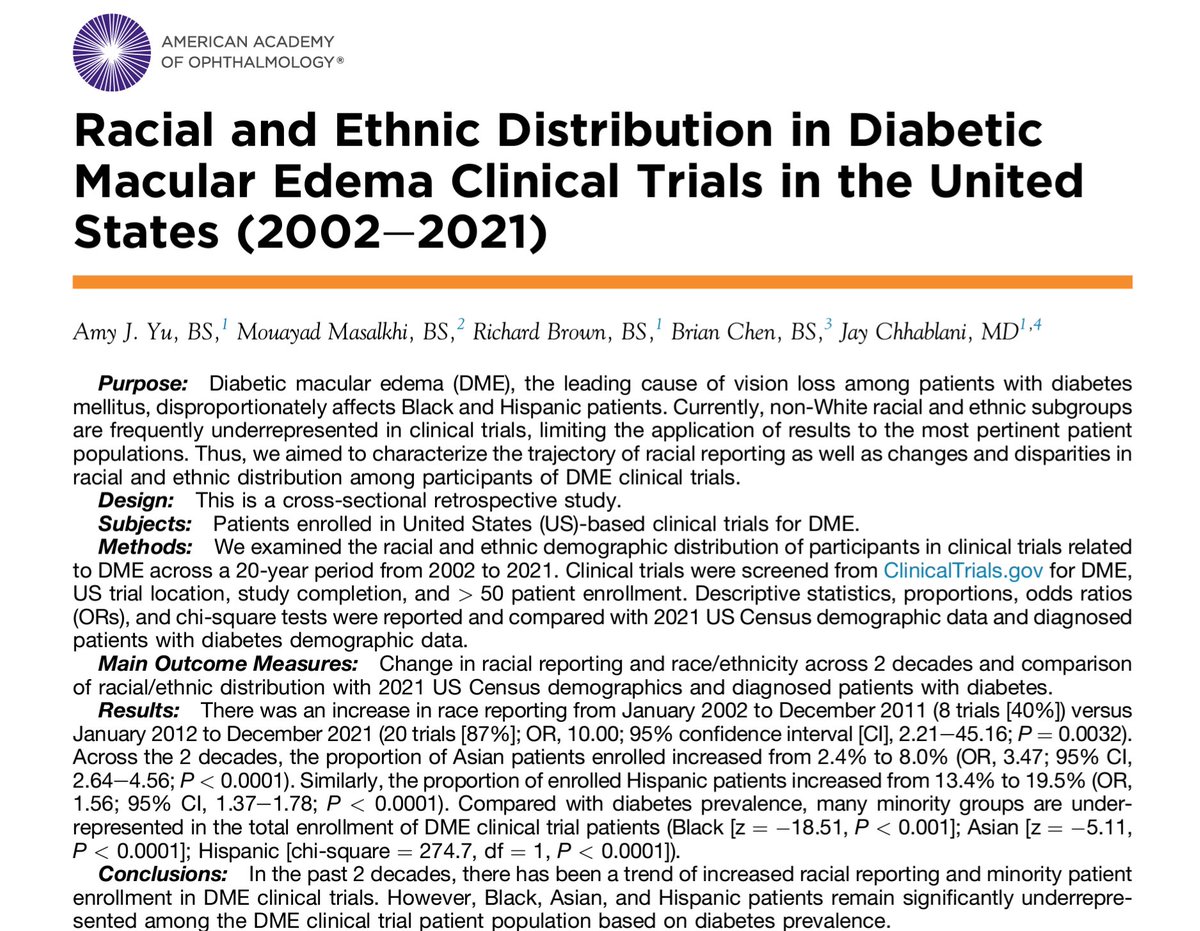 How is the racial distribution in our clinical trials? Our recent study published in Ophthalmology Retina shows "Black, Asian, and Hispanic patients remain significantly underrepresented among the DME clinical trial patient population based on diabetes prevalence."