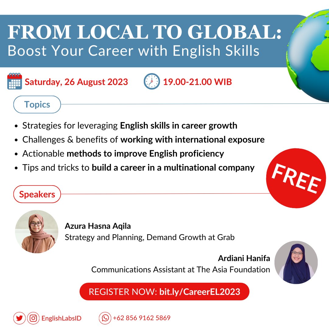 EnglishLabsID's tweet photo. FREE WEBINAR: INTERNATIONAL CAREER 101  

"Gimana caranya kerja di multinational company?” "Pengen belajar bahasa Inggris buat dunia kerja, mulai dari mana ya?"

Kalo kamu pengen berkarier di level internasional, wajib ikut webinar ini!  

Check this out👇 https://t.co/1shvfvuC4M