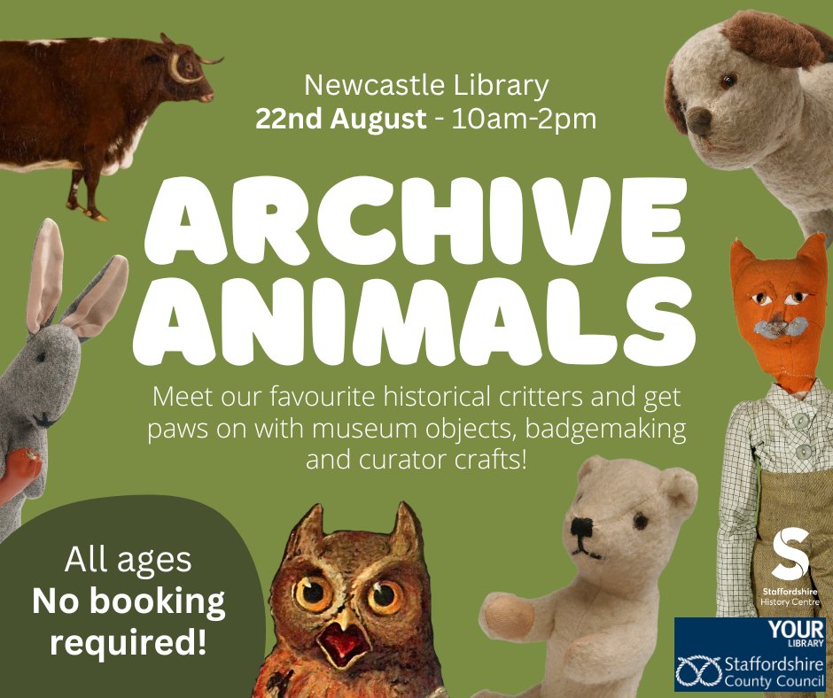ArchandHeritage's tweet photo. On Tuesday we are having fun with the archive animals at #NewcastleLibrary! Join us 10-2pm for curator crafts, artefacts, object handling and badgemaking. We are also hosting a story time at 11am for ages 0-8: come along and show off your animal noises! 🐻 @StaffsLibraries https://t.co/nAVnuRaRhm